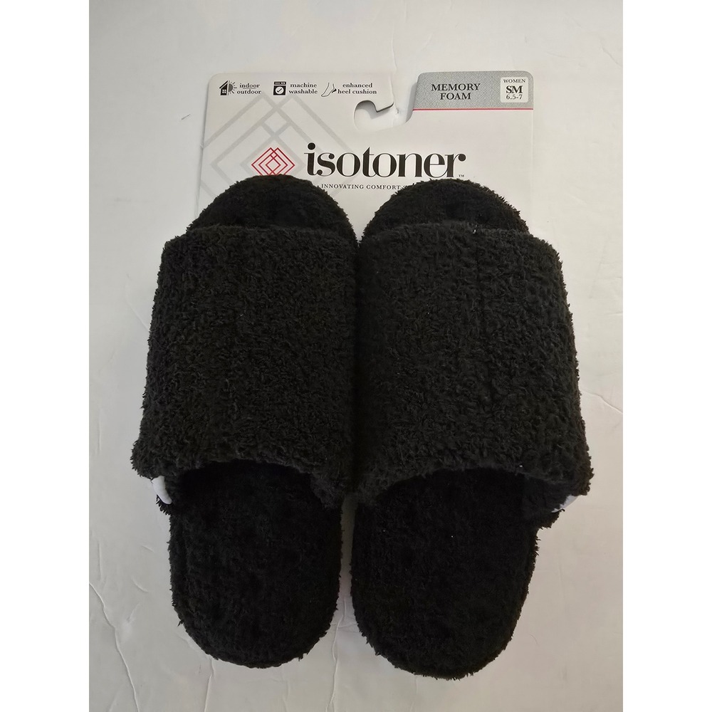 Isotoner Womens Black Faux Fur Memory Foam Slide Slippers SM 6.5-7 NWT